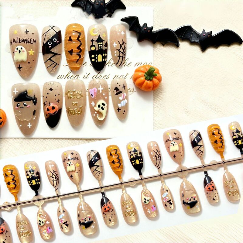 Halloween-Themed Atmosphere Wearable Nails 3D Stereo Glue Ghost Pumpkin Trick-Or-Treater Funny Nail Art Patch Halloween-Themed Atmosphere Wearable Nails 3D Stereo Glue Ghost Pumpkin Trick-Or-Treater Funny Nail Art Patch