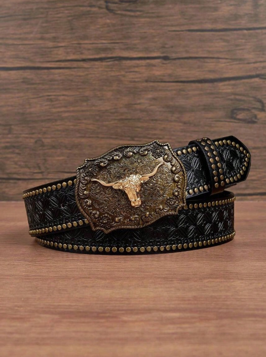 Western cowboy belt, youth punk style embossed men's studded leather belt, wholesale ethnic style belt in stock.
