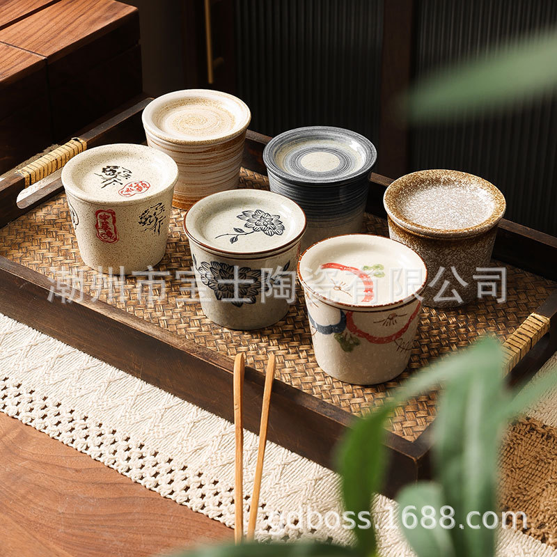 套装釉下彩手绘日式猪口茶杯带碟主人杯工夫茶品茗随手杯餐厅陶瓷