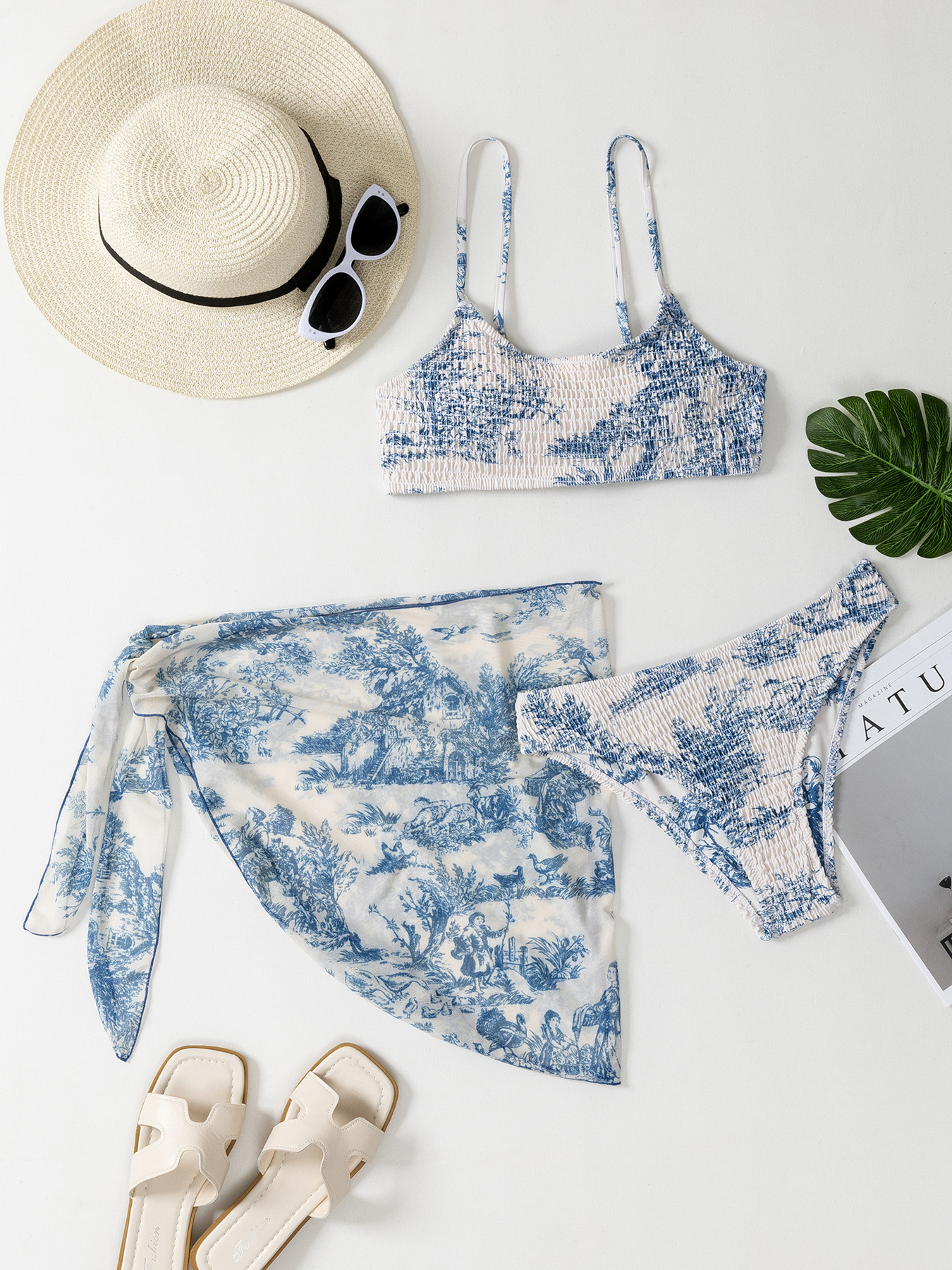 Women's Split Bikini Three-piece Swimsuit Floral Beach Wrap Set_voghion.com