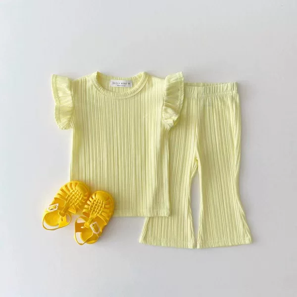 Korean Style Children's Summer Bell-Bottom Pants Cool Pleated Casual Suit Children's Flying Sleeves Pit Strips Lady Two-Piece Thin Set