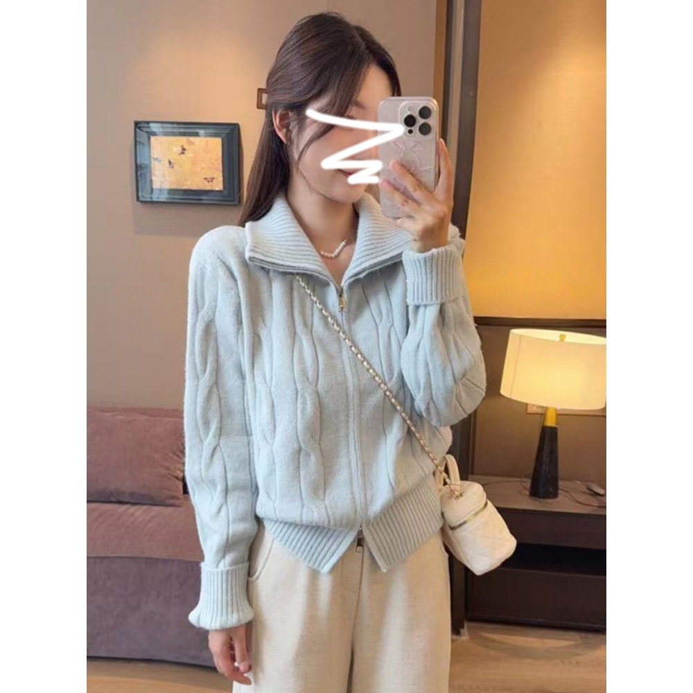 法式麻花加厚毛衣短外套女秋冬季时髦双拉链立领针织开衫宽松上衣