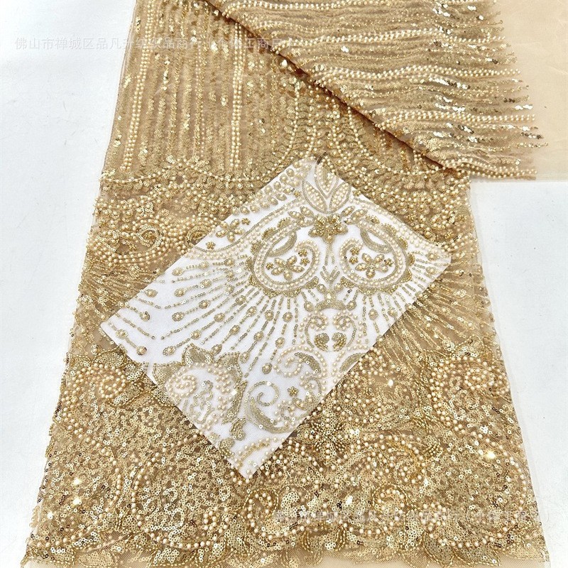 Tubo de perlas bordado sexy vestido de noche de banquete anfitrión vestido de cola de pescado tela de sequilla tela en stock