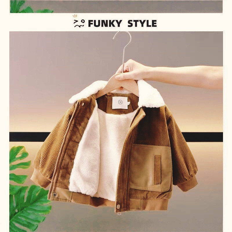 Otoño y invierno 2025 nuevo bebé cool y guapo con ropa de algodón de terciopelo para niños ropa de invierno gruesa ropa de moda extranjera chaqueta de niño