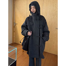 现 2025冬季新款韩国设计师Lfm休闲连帽牛角扣羊毛呢羊毛大衣