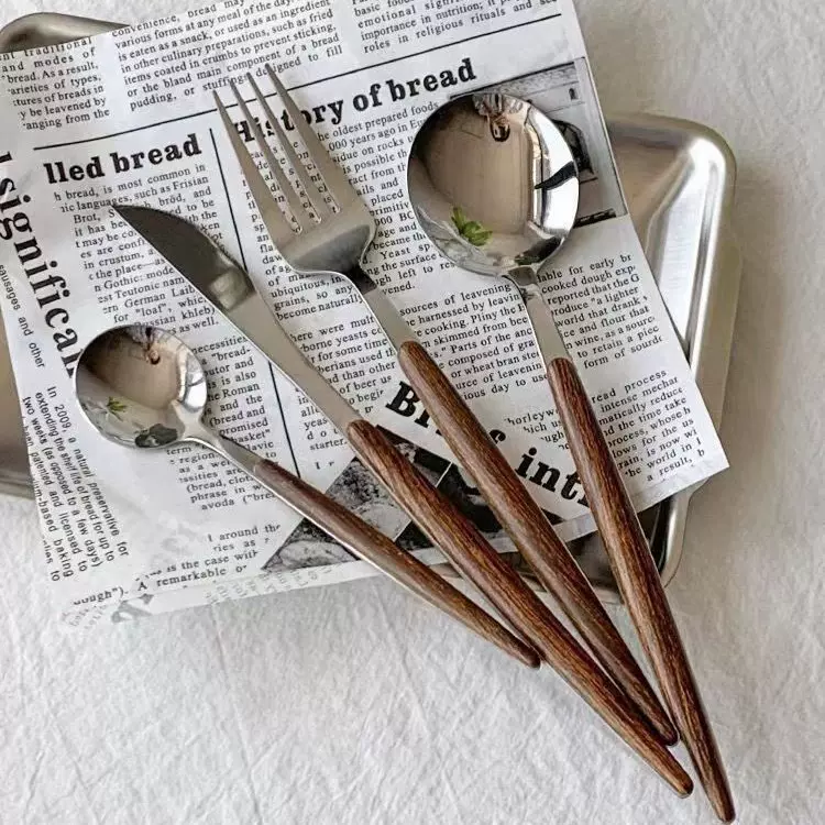 仿黑胡桃不锈钢刀叉勺套装ins简约木柄西餐餐具甜品意面牛排