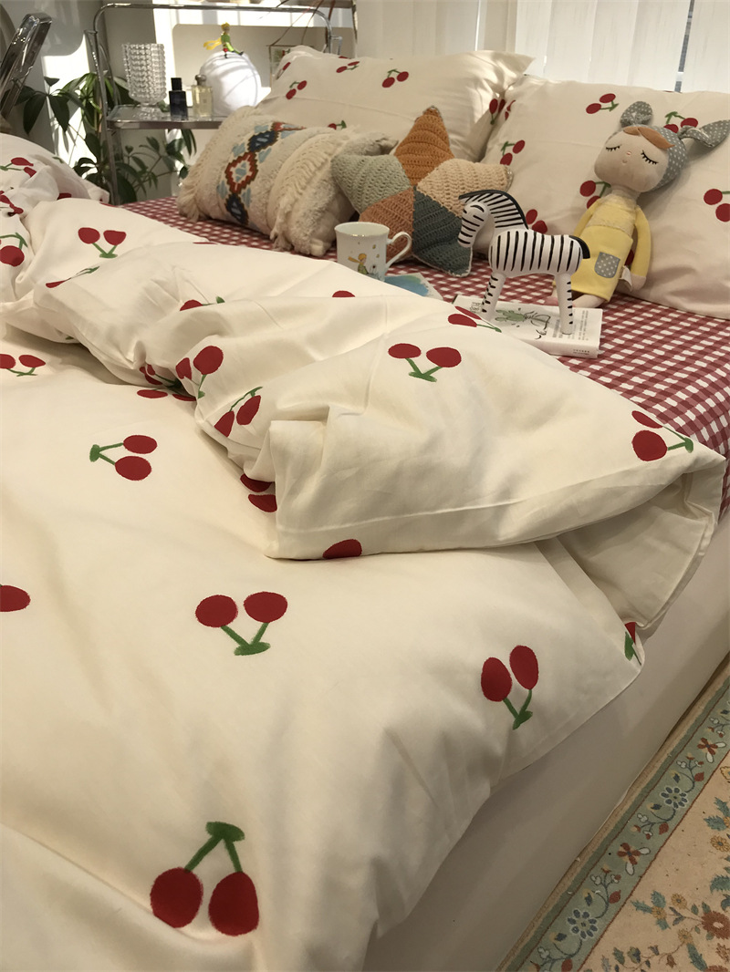 HXins小樱桃粉色床上四件套全棉纯棉文艺1.5m米被套床单三件套少