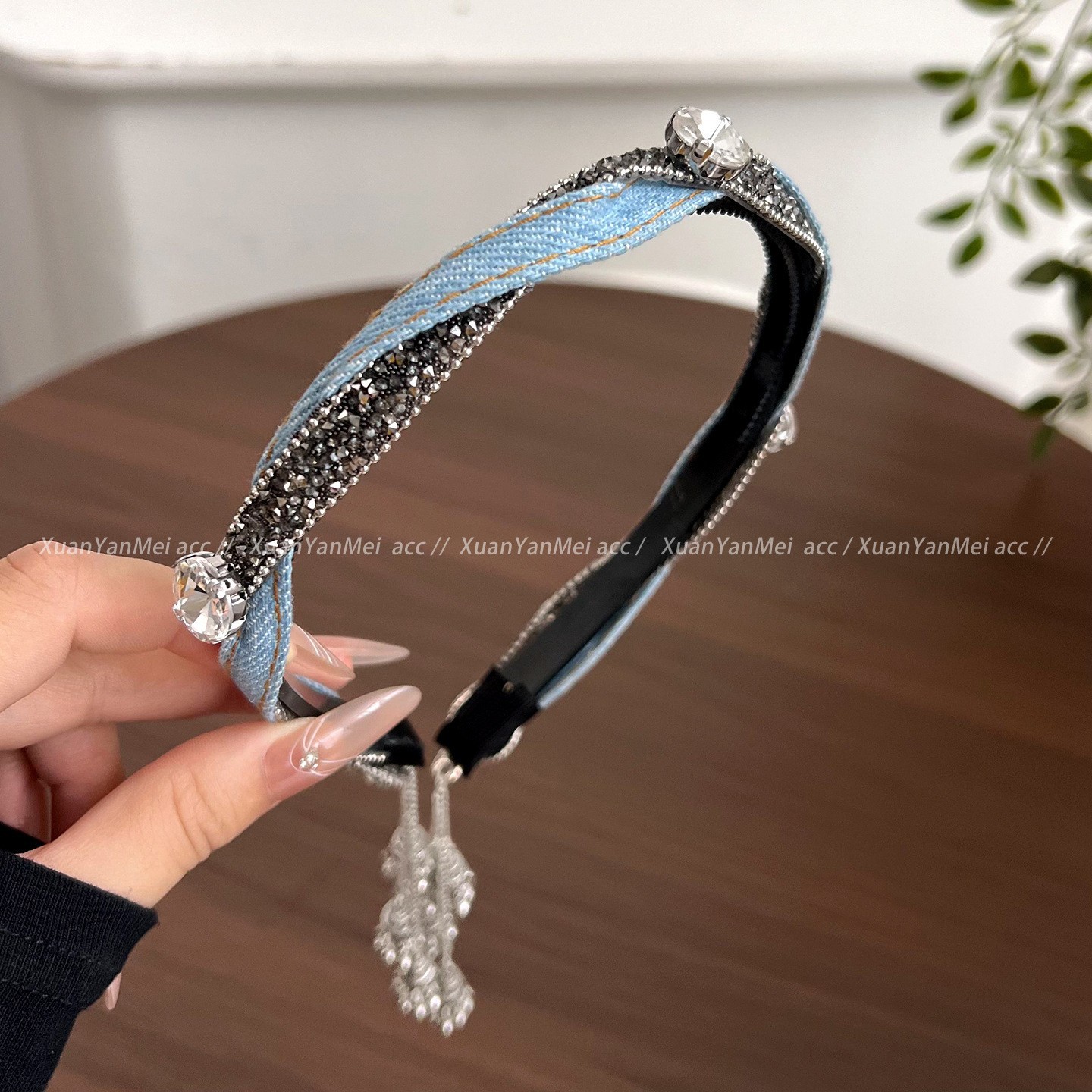 Denim blue rhinestone wrap bell tassel headband