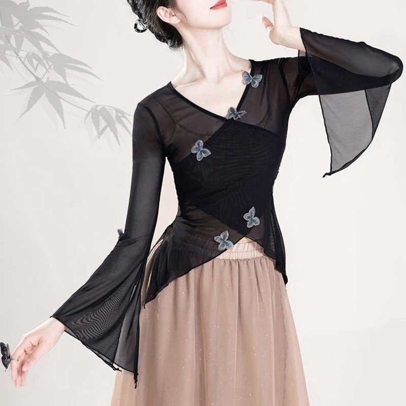 Classical Dance Costume, Elegant Long-Sleeve Butterfly Gauze Dress for Women, Chinese Dance Ethnic Dance Practice Outfit, Ethereal Body Suit Top