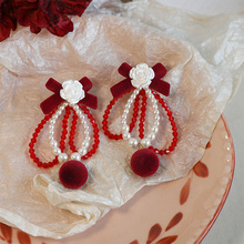 原创设计酒红色耳环 清新甜美耳环 个性撞色水晶白玫瑰耳饰植绒