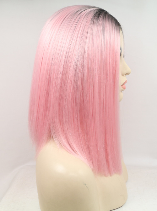 Cabello corto rosa, cabello recto, pelucina de fibra química de encaje frontal europea y americana LW0277
