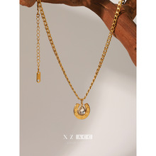 欧美18k金不锈钢U型马蹄水滴锆石吊坠项链配饰女毛衣链轻奢高级感