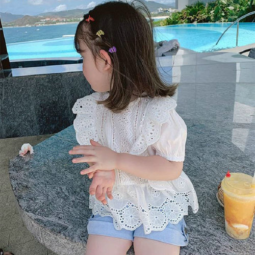 Girls' tops lace hollow breathable shirt tops 24 spring and summer new style foreign trade children's clothing drop shipping 3-8 years old