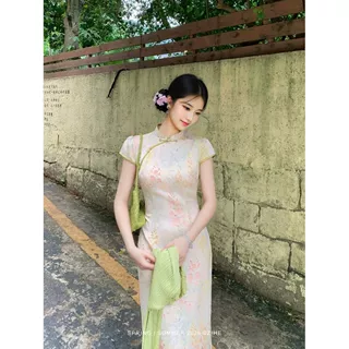 点青荷'新中式缎面碎花旗袍女春夏连衣裙五一出游穿搭显瘦裙子