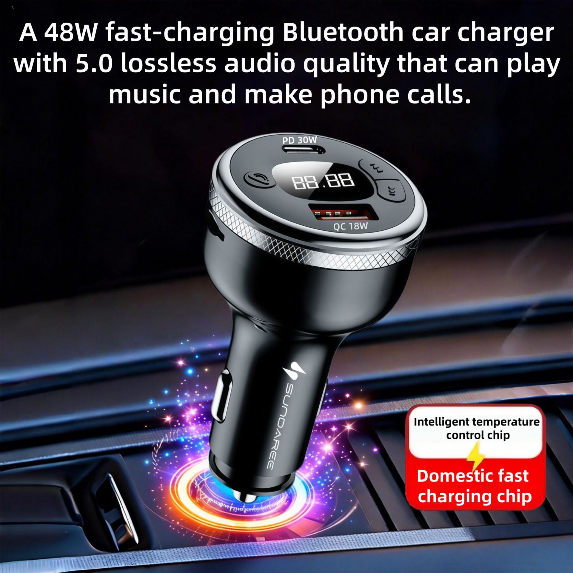Chezai Bluetooth 5.0 Car Charger Super Fast Charging Digital Display MP3 Player (Car mp3) - pc-material-efficient-heat-dissipation-quality-assurance-simultaneous-fast-charge-smart-bluetooth-50-lossless-audio-48w-car-charger