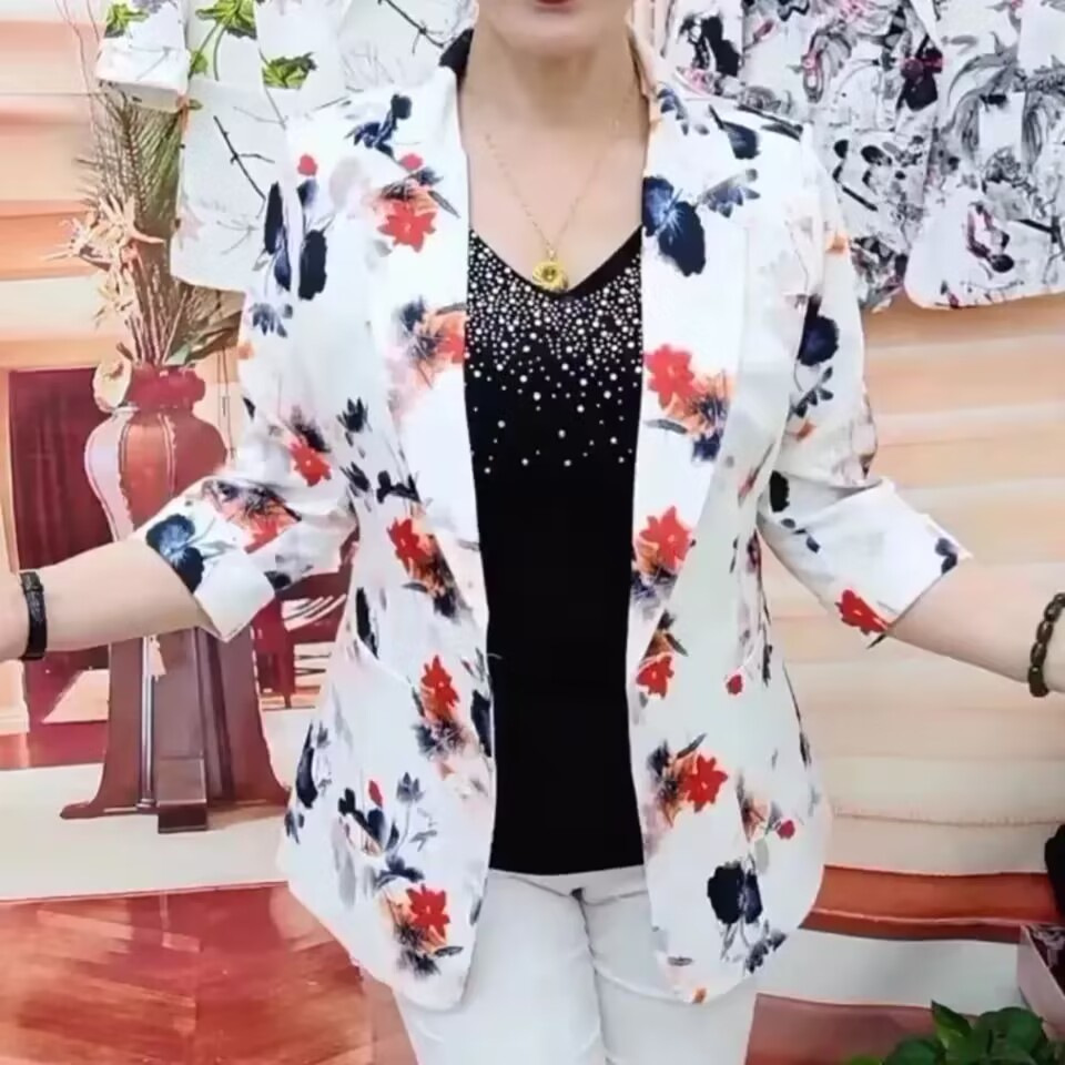 Chaqueta de Traje Casual Estampada para Mujer de Poliéster, Manga 3/4, para Primavera y Verano