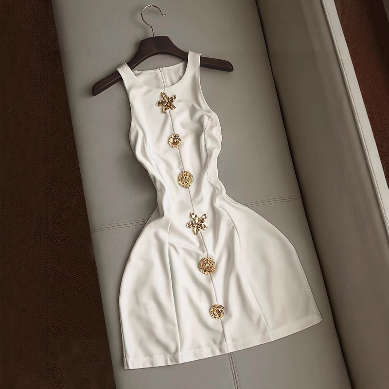 Summer Solid Color Slim Mini Dress Women's Round Neck Sleeveless Personalized Button Decoration Sweet Sexy Short Dress