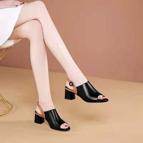 New cross-border foreign trade women's shoes, European and American style, mid-heel, chunky heel, fish-mouth, color-matching, backless with strap, women's sandals