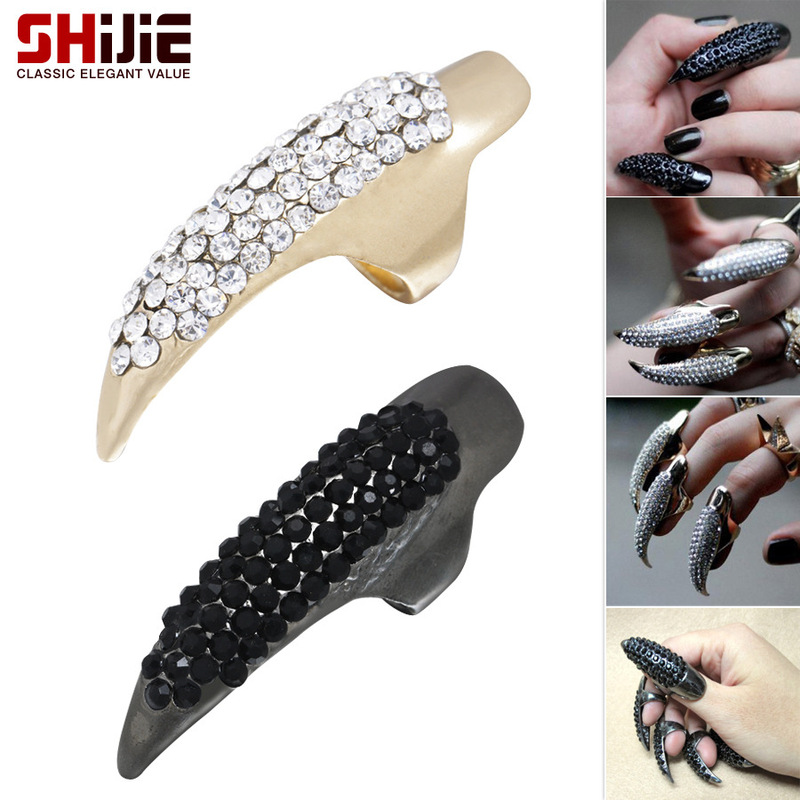 European and American fashion personality simple retro full diamond rhinestone curved hook cat claw long nail ring ring accessories gift European and American fashion personality simple retro full diamond rhinestone curved hook cat claw long nail ring ring accessories gift
