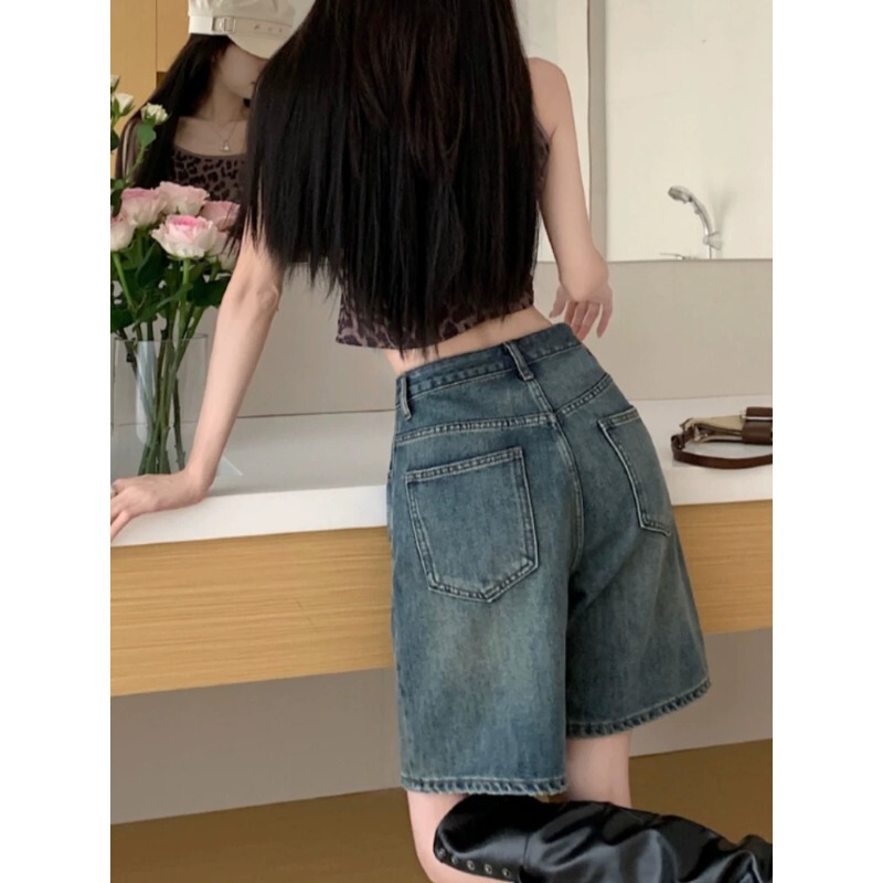 Vintage Washed Straight-Leg Denim Shorts for Women, High-Waisted, Slimming, Loose Fit, Distressed Mid-Length Pants, Summer Thin Wide-Leg Five-Point Pants