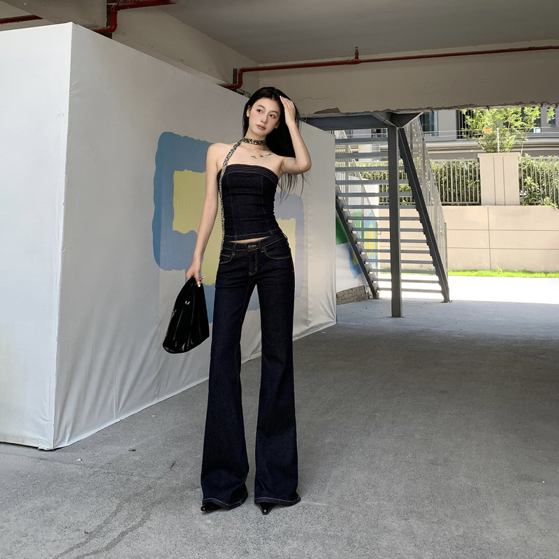 【Jin Yin】Set of American-Style Spicy Girl Elastic Raw Denim Tube Top and Low-Waist Slimming Flared Jeans for Women 【Jin Yin】Set of American-Style Spicy Girl Elastic Raw Denim Tube Top and Low-Waist Slimming Flared Jeans for Women