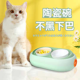 亚马逊新款宠物陶瓷碗猫食盆猫咪饭碗双碗斜口狗狗喂水碗两用食盆