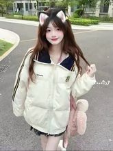 学院风软妹百搭条纹刺绣翻领面包服女冬季新款设计感复古时尚棉服