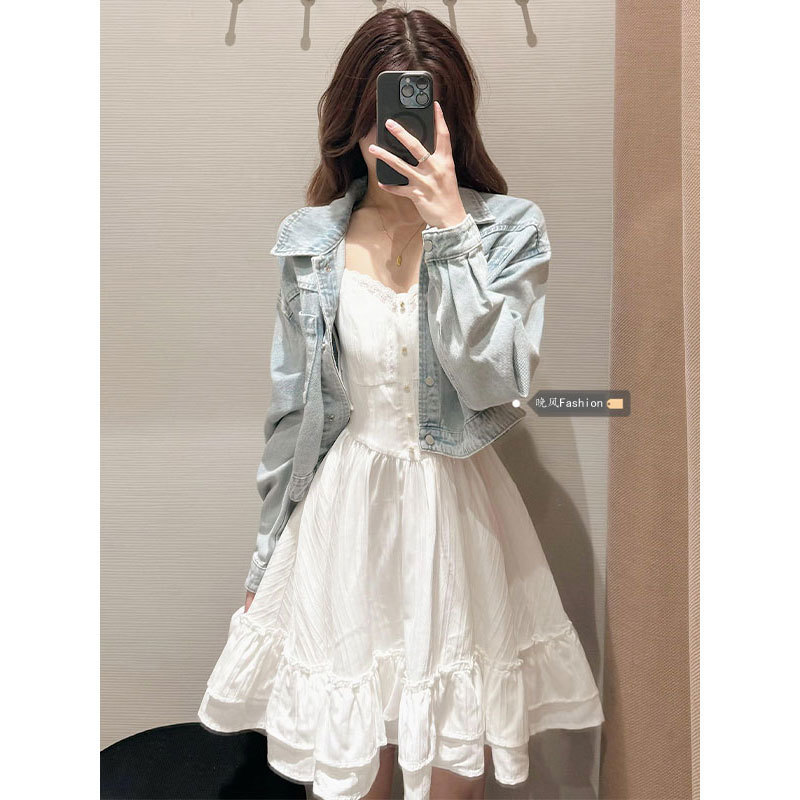 서스펜더 드레스+데님자켓 투피스 세트