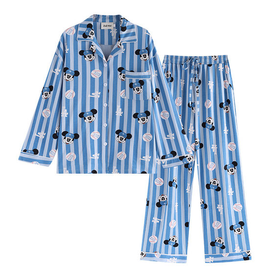 Spring and Autumn New Pure Cotton Long Sleeve Pajamas Women's American Style Retro Baseball Stripe Mickey Cartoon Casual Lapel Home Clothes