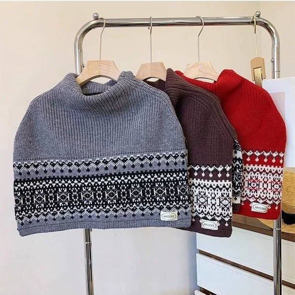 Fair Isle Retro High-Neck Slit Knitted Shawl Scarf for Women in Autumn and Winter High-End Layered Warm Scarf Outer Wear