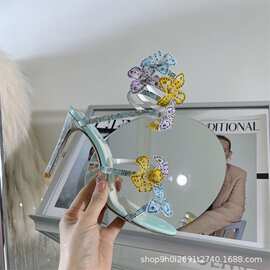 2022春夏新款欧美时尚蛇形缠绕高跟鞋蕾丝花朵镶钻绕脚环粗跟凉鞋