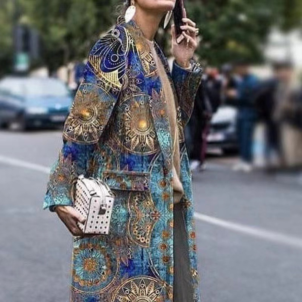 Women's Clothing Autumn and Winter New Women's Fashion Long Sleeve Lapel Jacket Printed Tweed Long Coat_ipsvogv.com