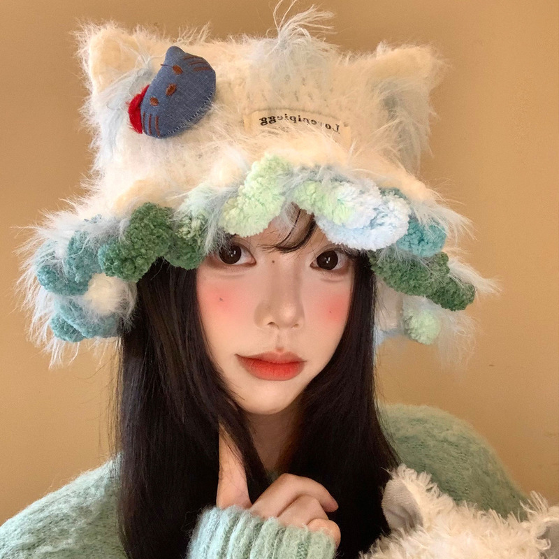 可爱卡通猫耳朵毛绒针织帽女秋秋冬季显脸小毛线帽大头围保暖帽子|undefined
