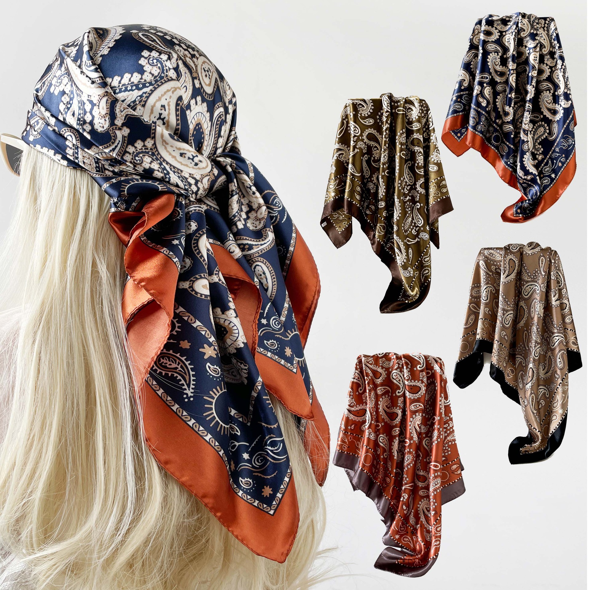 Bufanda de satén con estampado de anacardos de 90 cm para mujer, chal cuadrado grande, accesorio de moda para la cabeza._voghion.com