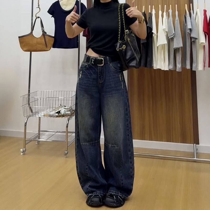 大码美式阔腿牛仔裤女秋季2025新款复古胖mm显瘦宽松直筒弯刀裤子|undefined