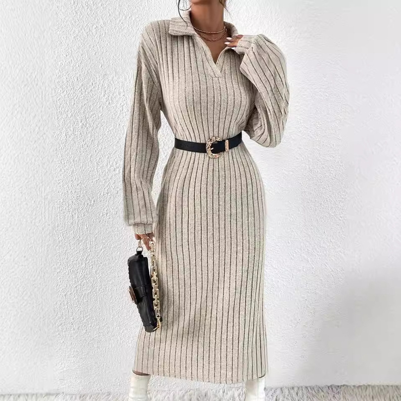 Solid color drop shoulder slit thigh dress (no belt) autumn new European and American long sleeve women's solid color autumn and winter