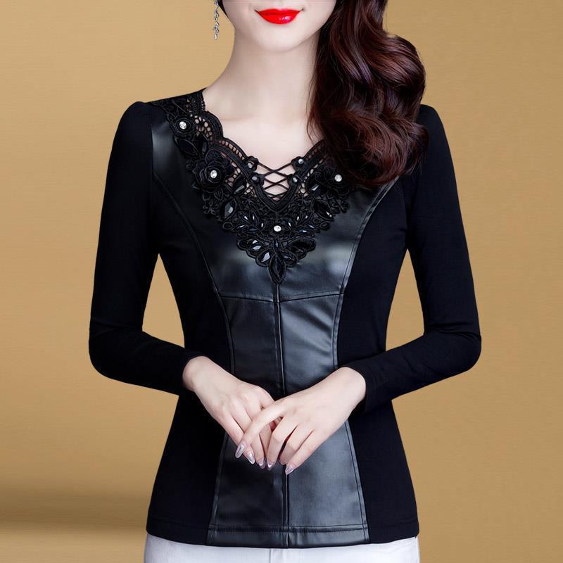 常规/加绒秋冬季打底衫女修身百搭时尚女装长袖秋季蕾丝拼接小衫|undefined
