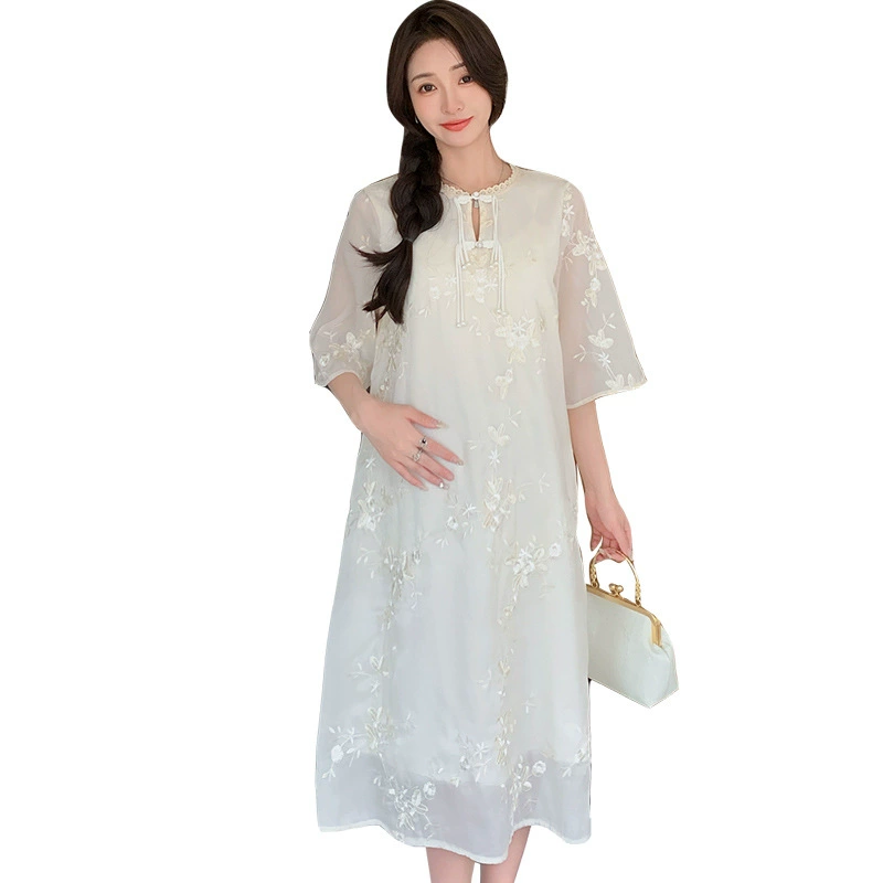 Summer clothing for pregnant, summer light and thin breathable long skirt, dress, Chinese style, with embroidery, loose fit