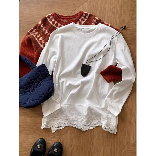 21 women's lace edge splicing long-sleeved T-shirt, new for 2025 spring and autumn, for layering and casual wear