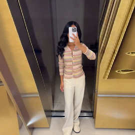 跨境女装秋冬时尚通勤V领多彩细闪针织长袖纽扣长袖短款开衫毛衣
