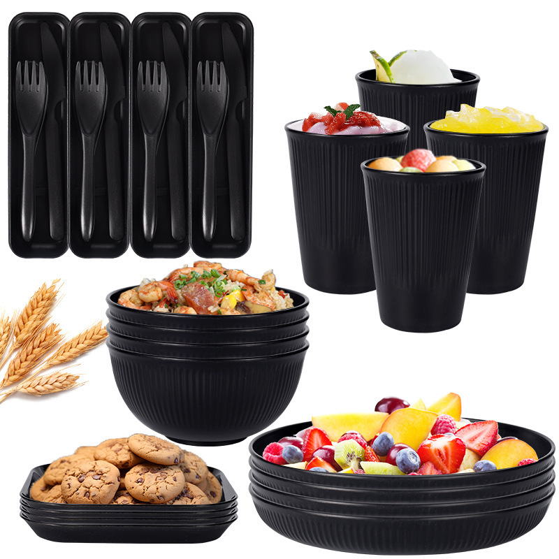 Cross-border Wheat Straw Black Plate Bowl Cup Saucer 4-person Tableware Outdoor Portable Tableware Steak Knife, Fork and Spoon Set