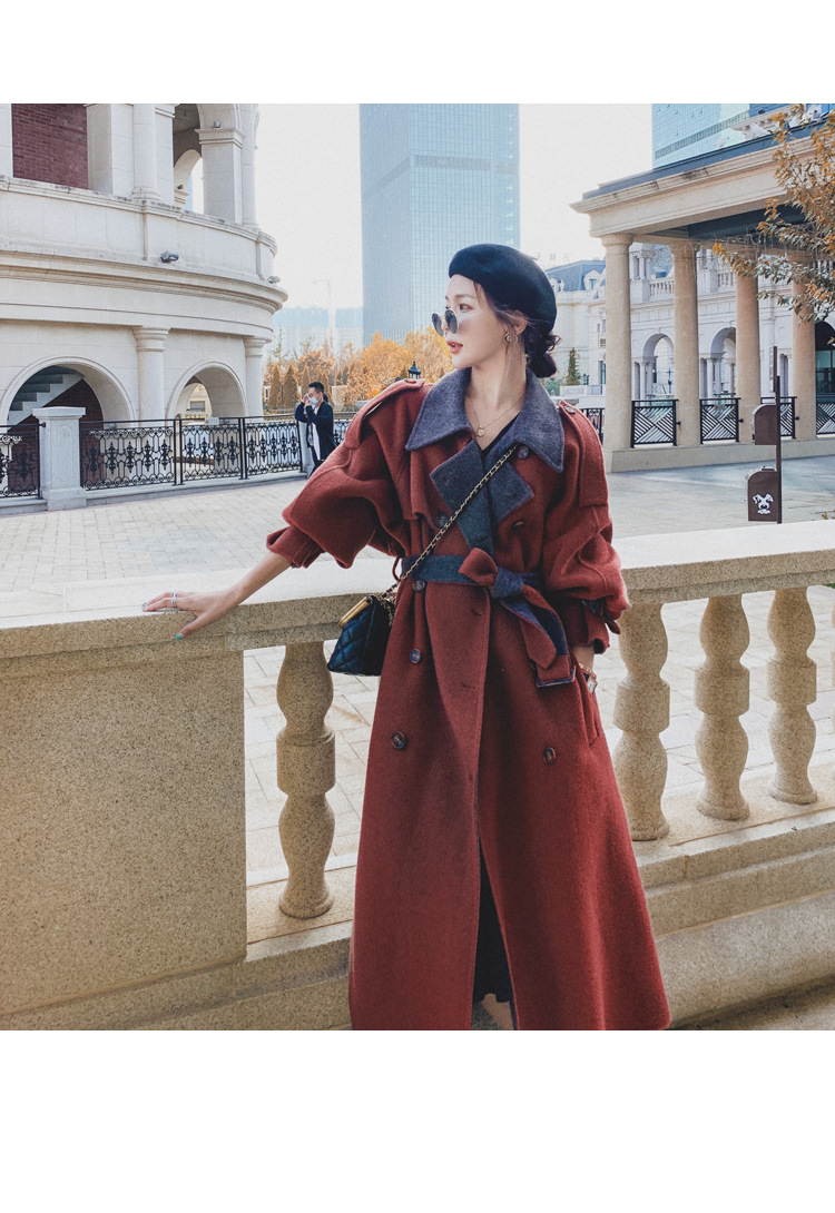 Women's Long Woolen Coat Brick Red Hepburn Style Winter Overcoat_voghion.com