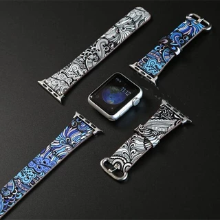 外贸热销适用Apple watch7/6/5/4图案表带适用苹果牛皮腕带民族风