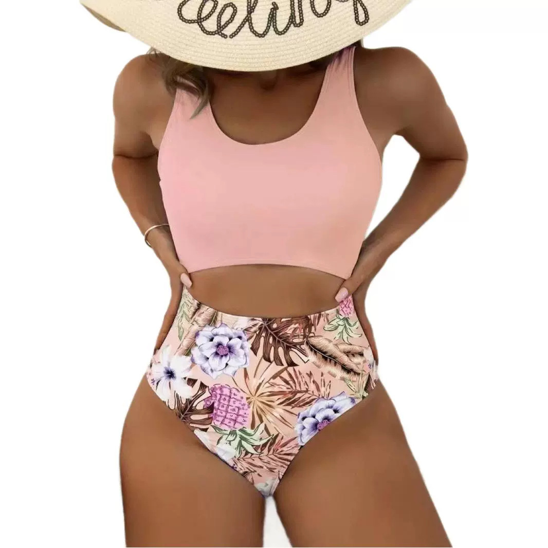 2024 comercio exterior transfronterizo de color sólido nuevo trajes de baño delgados divididos chaleco de cintura alta cruzado con cojín de pecho trajes de baño