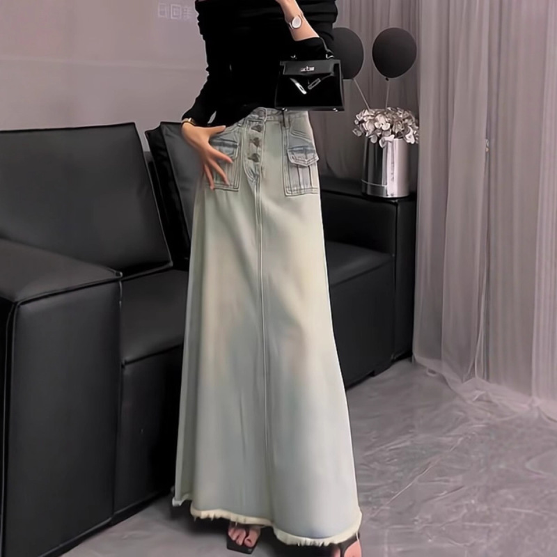 设计感牛仔裙半身裙女春秋季大码胖mm高腰复古中长款毛边a字裙子|undefined