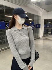 灰色polo领针织长袖t恤女2025早秋季新款修身内搭毛衣打底衫上衣