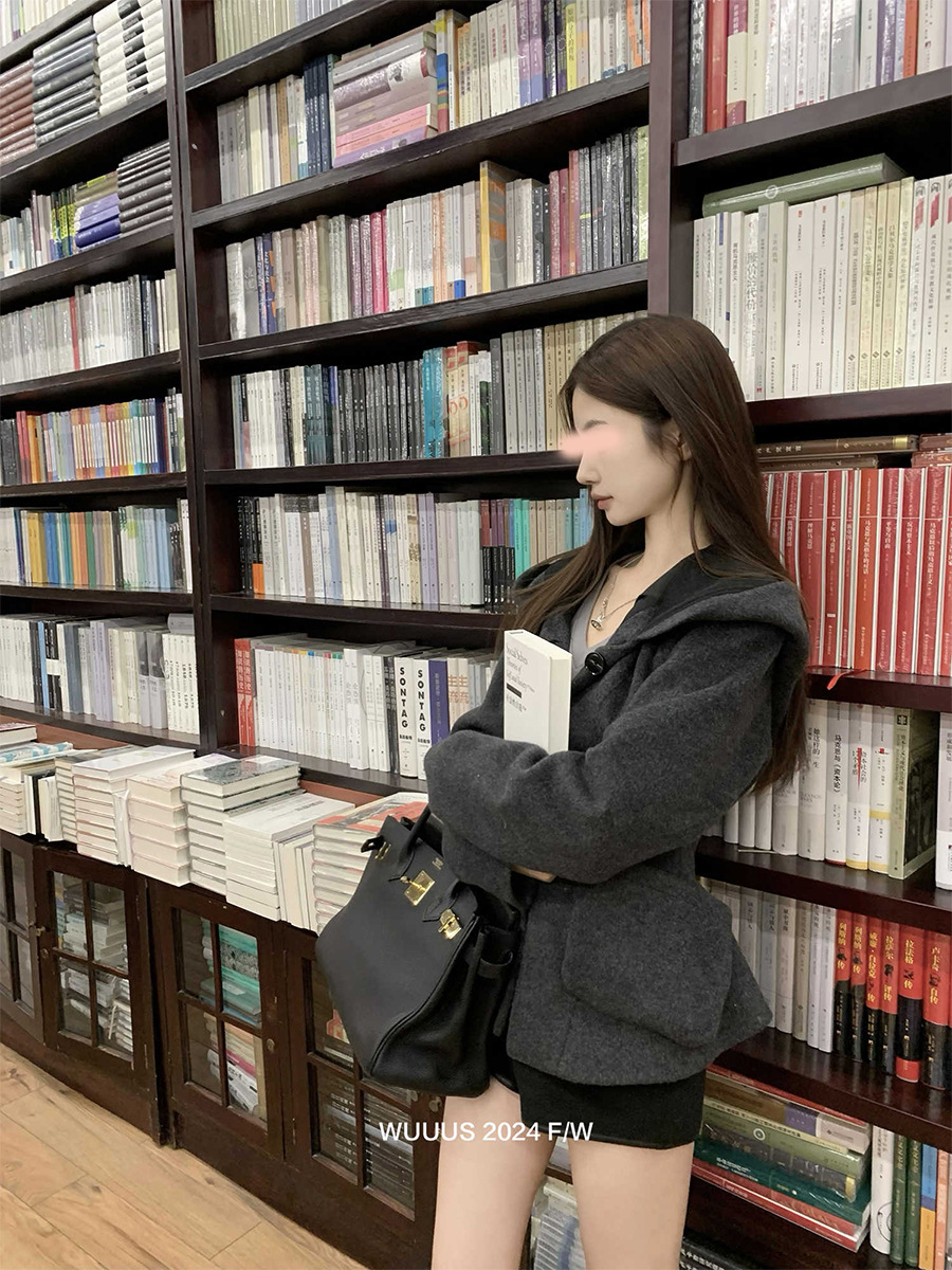 Wuuus jojo プライベートサーバーライン [魔女のポケット] ブラック ヴィンテージ ジャケット レディース フード付き ウール コート