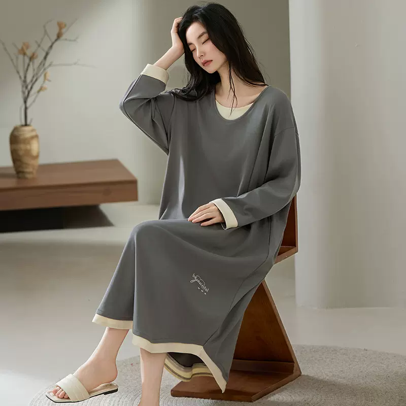 7A抑菌睡衣女款春秋季长袖圆领女士孕妇大码拉架爽棉家居服睡裙