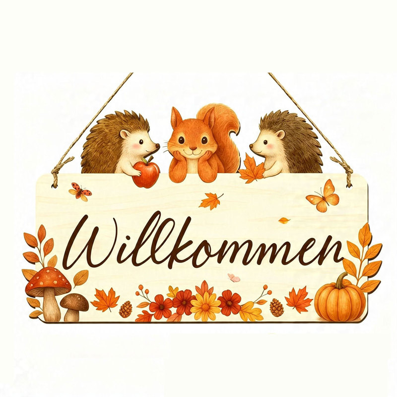 New cross-border German-style autumn wooden welcome sign with hedgehog and squirrel motifs, Thanksgiving front door decoration wooden sign New cross-border German-style autumn wooden welcome sign with hedgehog and squirrel motifs, Thanksgiving front door decoration wooden sign