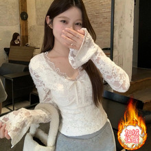 1663设计感磨毛蕾丝边打底衫T恤女秋冬高级感法式钩花半高领长袖